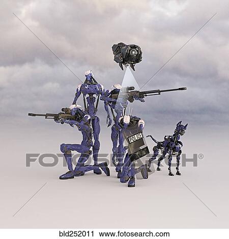 Stock Image - Futuristic police force and drone with robot dog. Fotosearch