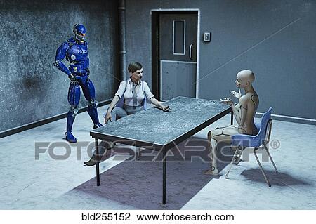 Stock Image - Futuristic police questioning robot woman. Fotosearch