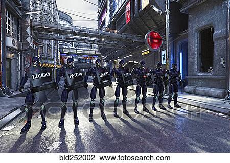 Stock Image - Futuristic police standing in street with shields. Fotosearch