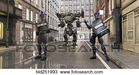 Stock Image - Futuristic robot police standing in city street. Fotosearch