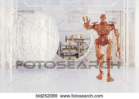 Futuristic robot protecting vault in bank View Large Photo Image Stock Photo - Futuristic robot protecting vault in bank. Fotosearch