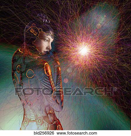Stock Photograph - Futuristic robot woman in cyberspace. Fotosearch
