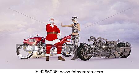 Stock Photograph - Futuristic Santa stopped for speeding on motorcycle. Fotosearch