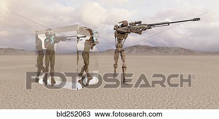 Stock Image - Futuristic soldiers in cube in desert near robot. Fotosearch