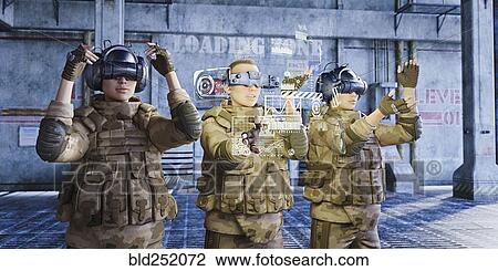 Stock Image - Futuristic soldiers wearing virtual reality goggles. Fotosearch