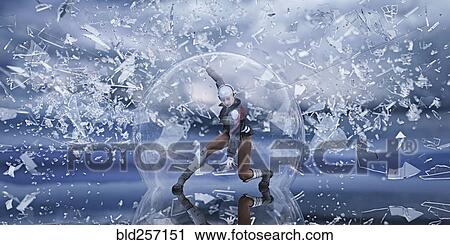 Stock Image - Futuristic woman in sphere protected from falling shards of glass. Fotosearch