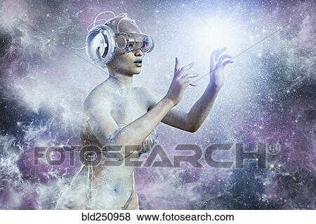 Stock Photo - Futuristic woman in virtual reality outer space. Fotosearch