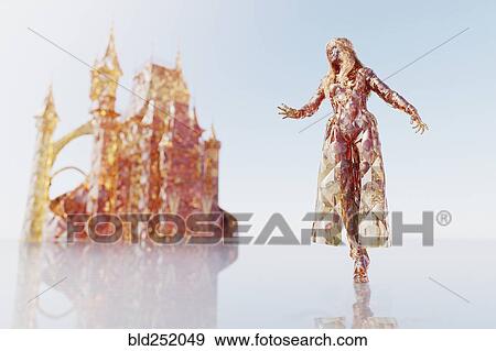 Stock Photo - Futuristic woman near castle. Fotosearch