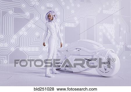 Futuristic woman near circuit board wall with white motorcycle View Large Photo Image Stock Photo - Futuristic woman near circuit board wall with white motorcycle. Fotosearch