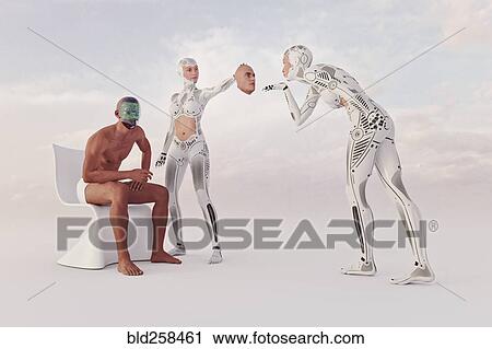 Futuristic woman removing face of robot man revealing circuits View Large Photo Image Stock Image - Futuristic woman removing face of robot man revealing circuits. Fotosearch