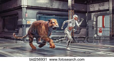 Futuristic woman robot racing tiger View Large Photo Image Stock Image - Futuristic woman robot racing tiger. Fotosearch