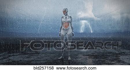 Stock Photo - Futuristic woman standing in rain storm. Fotosearch