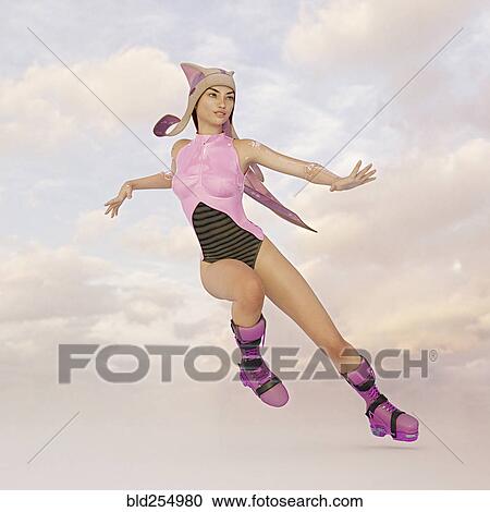 Stock Image - Futuristic woman wearing hovering boots in sky. Fotosearch