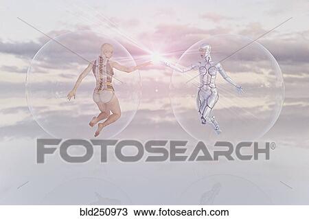 Stock Image - Futuristic women floating in sky in transparent spheres. Fotosearch