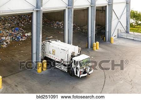 Stock Image - Garbage truck unloading trash. Fotosearch