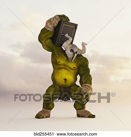 Stock Image - Giant green ogre carrying safe on shoulder. Fotosearch