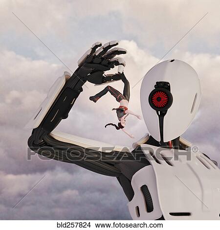 Picture - Giant robot holding woman upside-down by leg. Fotosearch