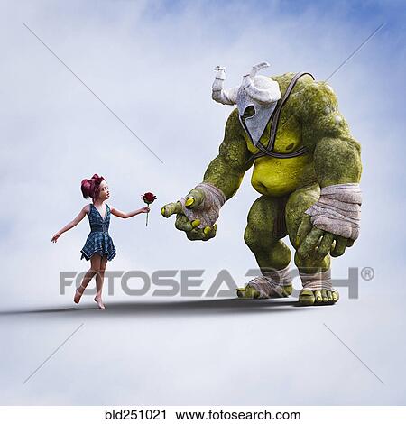 Girl giving flower to giant ogre View Large Photo Image Stock Image - Girl giving flower to giant ogre. Fotosearch