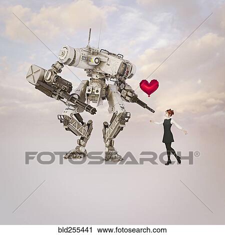 Stock Image - Girl giving heart-shape balloon to robot with guns. Fotosearch