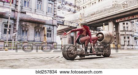 Picture - Girl riding futuristic skateboard in city. Fotosearch