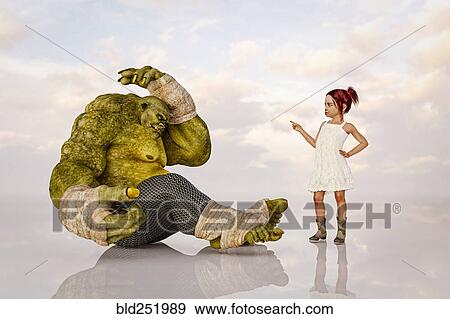 Stock Photo - Girl scolding green ogre. Fotosearch