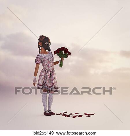 Stock Photo - Girl wearing gas mask holding flowers. Fotosearch