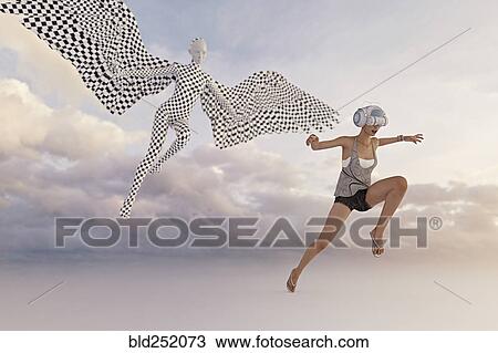 Stock Image - Girl wearing virtual reality goggles imitating checkered angel. Fotosearch