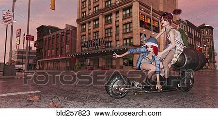 Stock Image - Girls riding futuristic skateboard in city. Fotosearch
