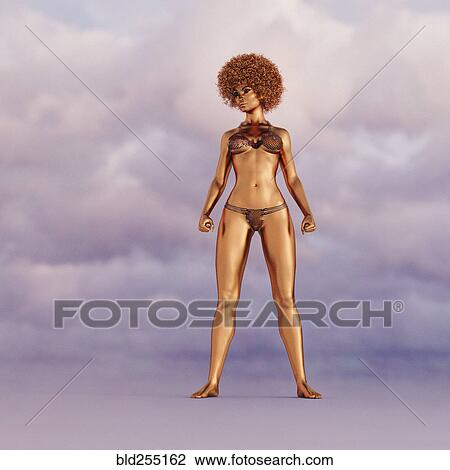 Stock Image - Golden woman with afro wearing bikini. Fotosearch