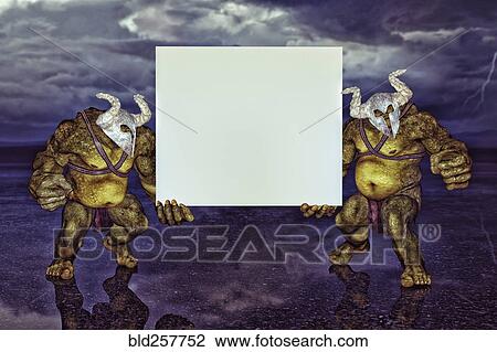 Green ogres holding blank sign View Large Photo Image Stock Image - Green ogres holding blank sign. Fotosearch