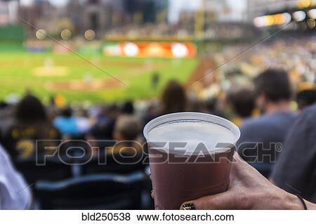 Stock Photo - Hand of woman holding cup of beer in baseball stadium. Fotosearch