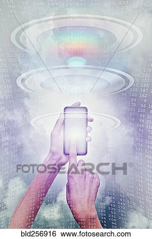 Stock Photograph - Hands of mixed race boy using cell phone in cyberspace. Fotosearch