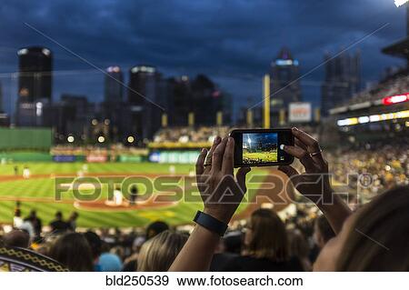 Stock Photo - Hands of woman photographing baseball game with cell phone. Fotosearch