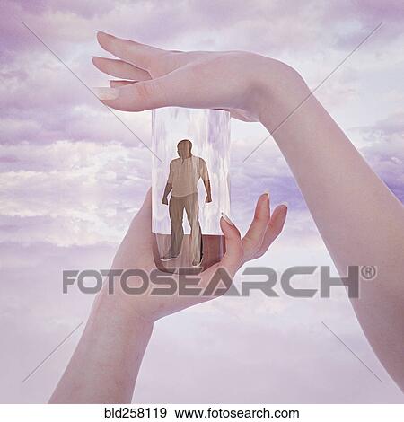Stock Photo - Hands of woman trapping man in glass container. Fotosearch