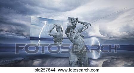 Picture - Hologram reflection of frustrated futuristic woman. Fotosearch