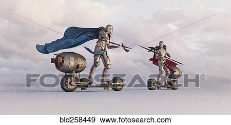 Stock Photo - Knights jousting on futuristic skateboards. Fotosearch