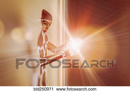 Stock Image - Light glowing in hands of futuristic woman emerging from wall. Fotosearch