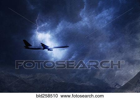 Stock Image - Lightning striking airplane flying in sky. Fotosearch