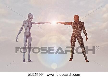 Man and alien touching glowing fingers View Large Photo Image Picture - Man and alien touching glowing fingers. Fotosearch