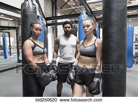 Man and women posing in gymnasium wearing boxing gloves View Large Photo Image Stock Image - Man and women posing in gymnasium wearing boxing gloves. Fotosearch