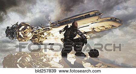 Stock Photo - Man crouching near spaceship. Fotosearch