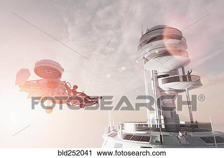 Stock Image - Man in futuristic tower waving to flying vehicle. Fotosearch