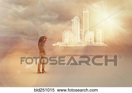 Stock Photography - Man looking at distant floating futuristic glass city. Fotosearch