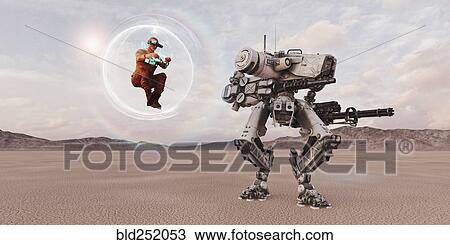 Man wearing virtual reality goggles in floating sphere imitating robot soldier View Large Photo Image Stock Image - Man wearing virtual reality goggles in floating sphere imitating robot soldier. Fotosearch