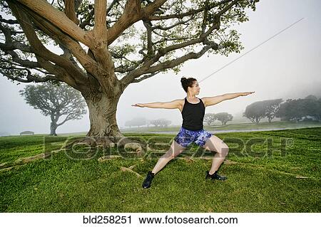 Stock Image - Mixed race woman exercising and stretching near tree. Fotosearch