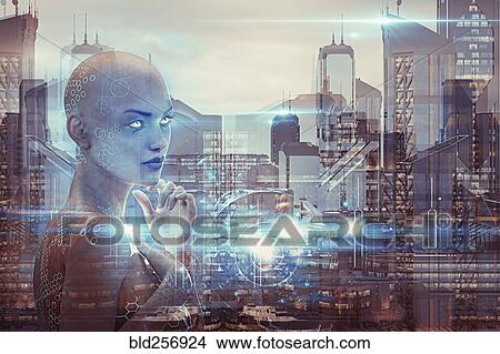 Picture - Multiple exposure of woman robot and urban architecture. Fotosearch