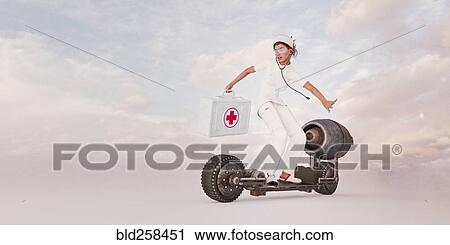 Stock Image - Nurse riding futuristic skateboard. Fotosearch