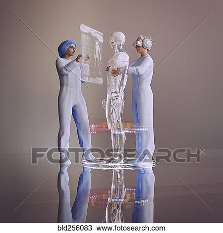 Stock Image - Nurse wearing virtual reality helmet repairing cyborg. Fotosearch