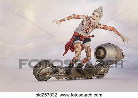 Stock Image - Older woman with tattoos riding futuristic skateboard. Fotosearch