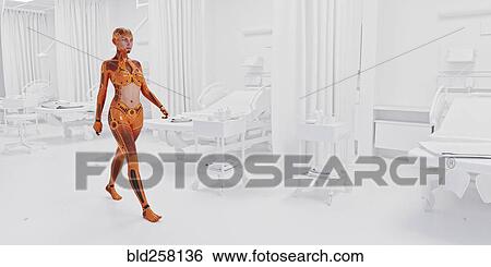 Stock Photograph - Orange android woman walking in white hospital. Fotosearch